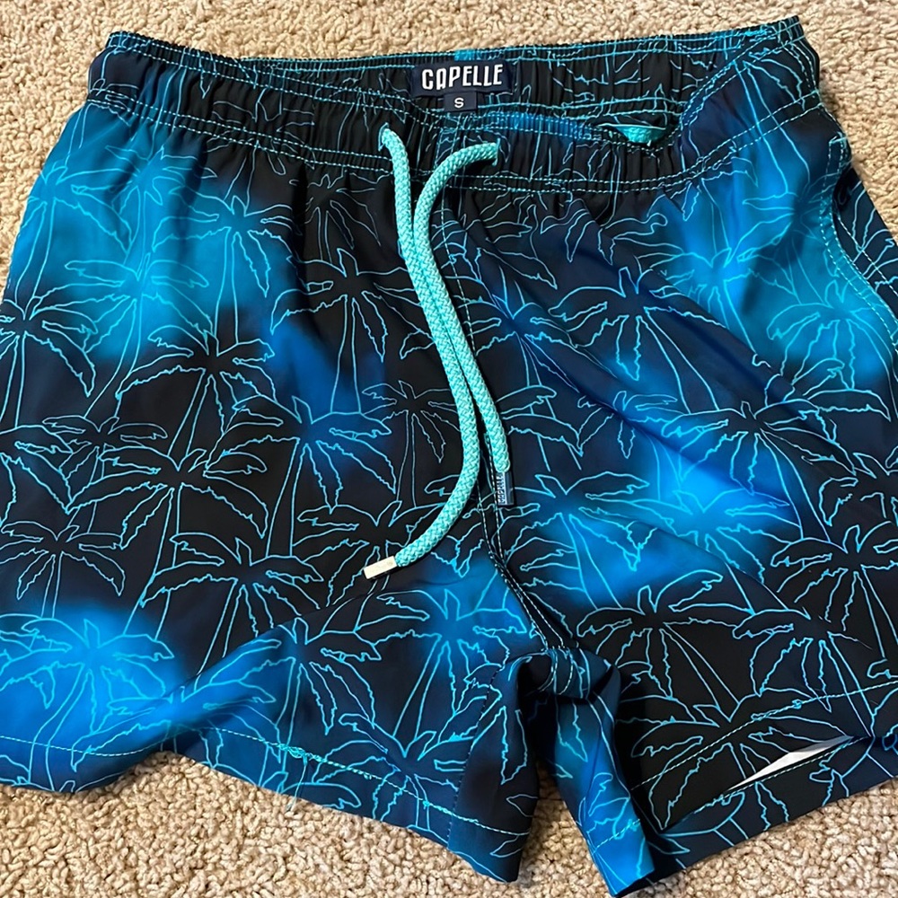 Blue/Black Palm Tree Pattern Swim Trunks